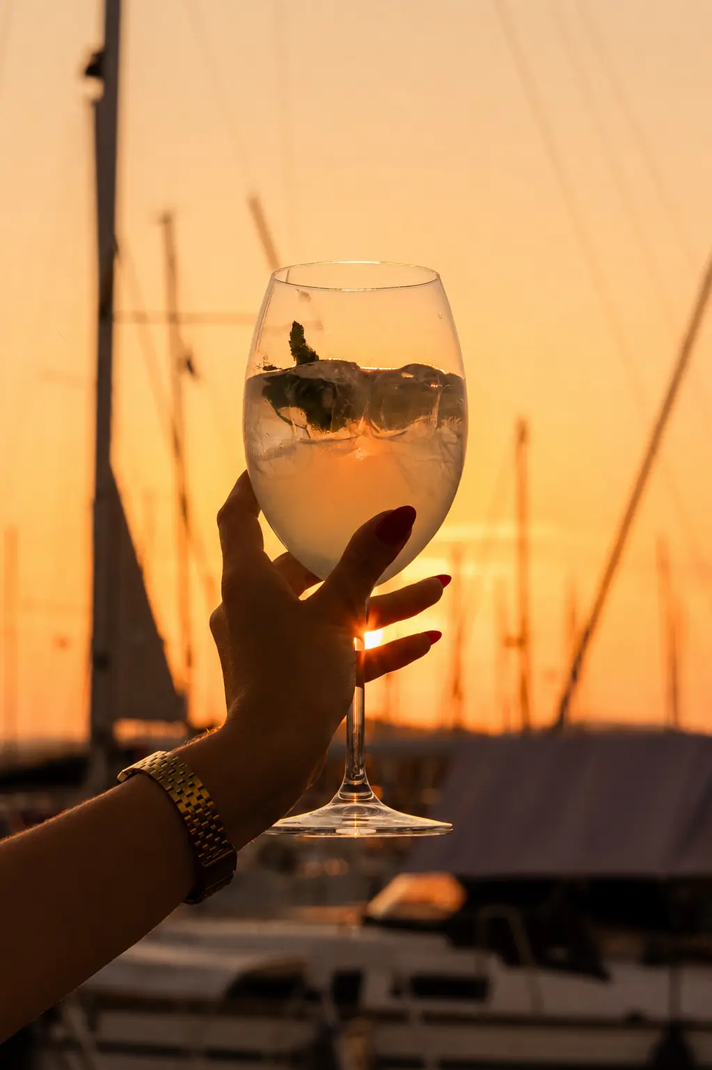 A glass raised against the golden marina sunset